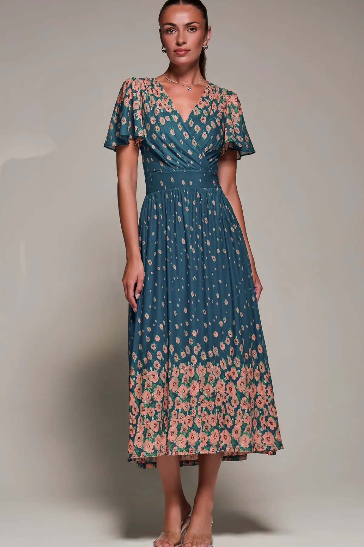 Jolie Moi Occasion Dresses|Floral Dresses-Mirrored Mesh Short Sleeve Midaxi Dress, Teal Floral