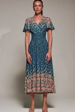 Jolie Moi Occasion Dresses|Floral Dresses-Mirrored Mesh Short Sleeve Midaxi Dress, Teal Floral