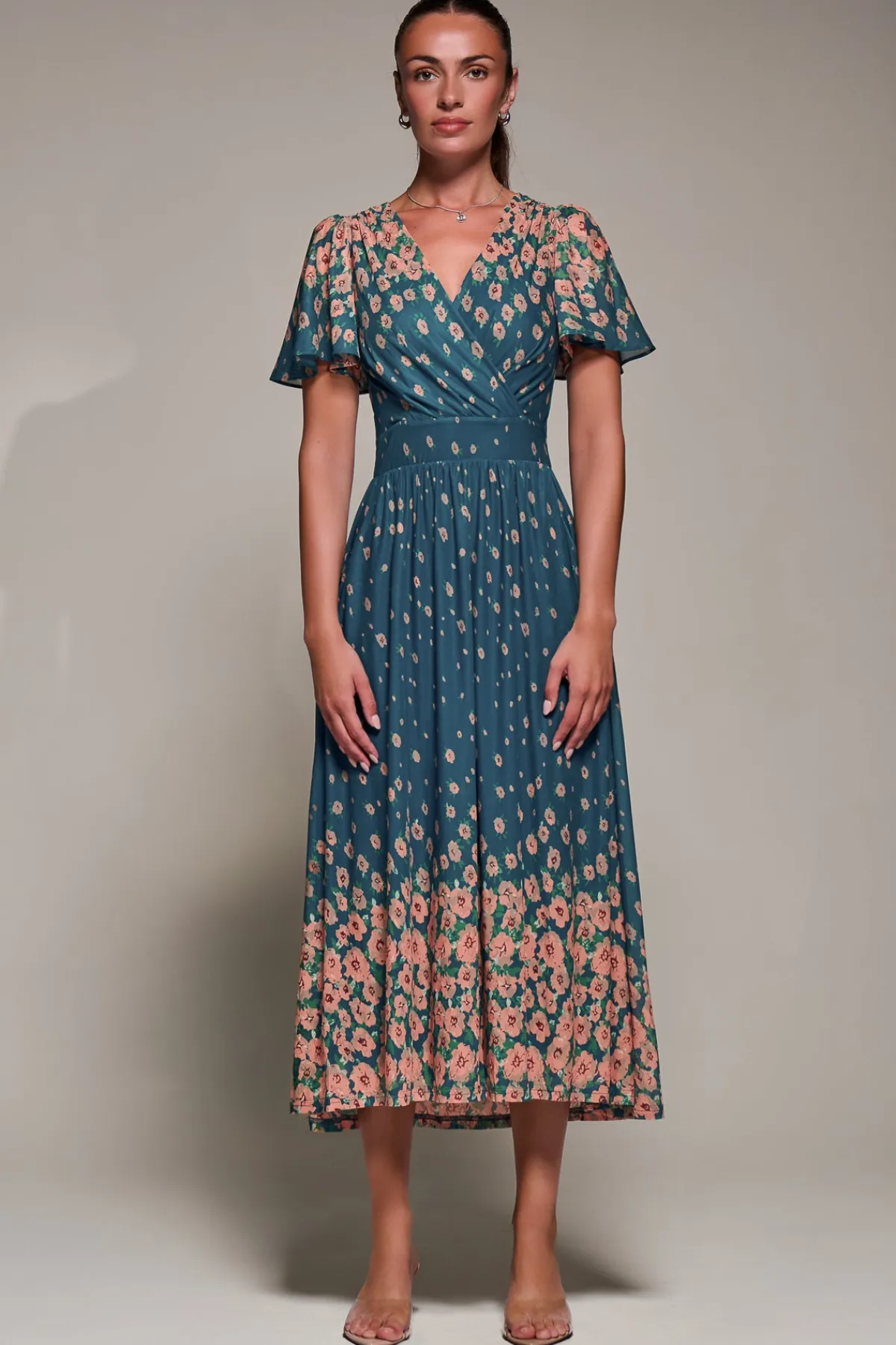 Jolie Moi Occasion Dresses|Floral Dresses-Mirrored Mesh Short Sleeve Midaxi Dress, Teal Floral