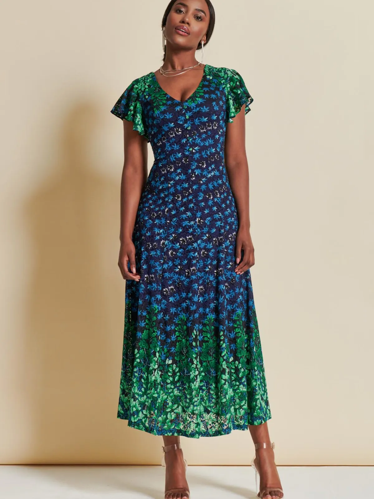 Jolie Moi Occasion Dresses|Signature Lace-Mirrored Print Lace Maxi Dress, Green Multi