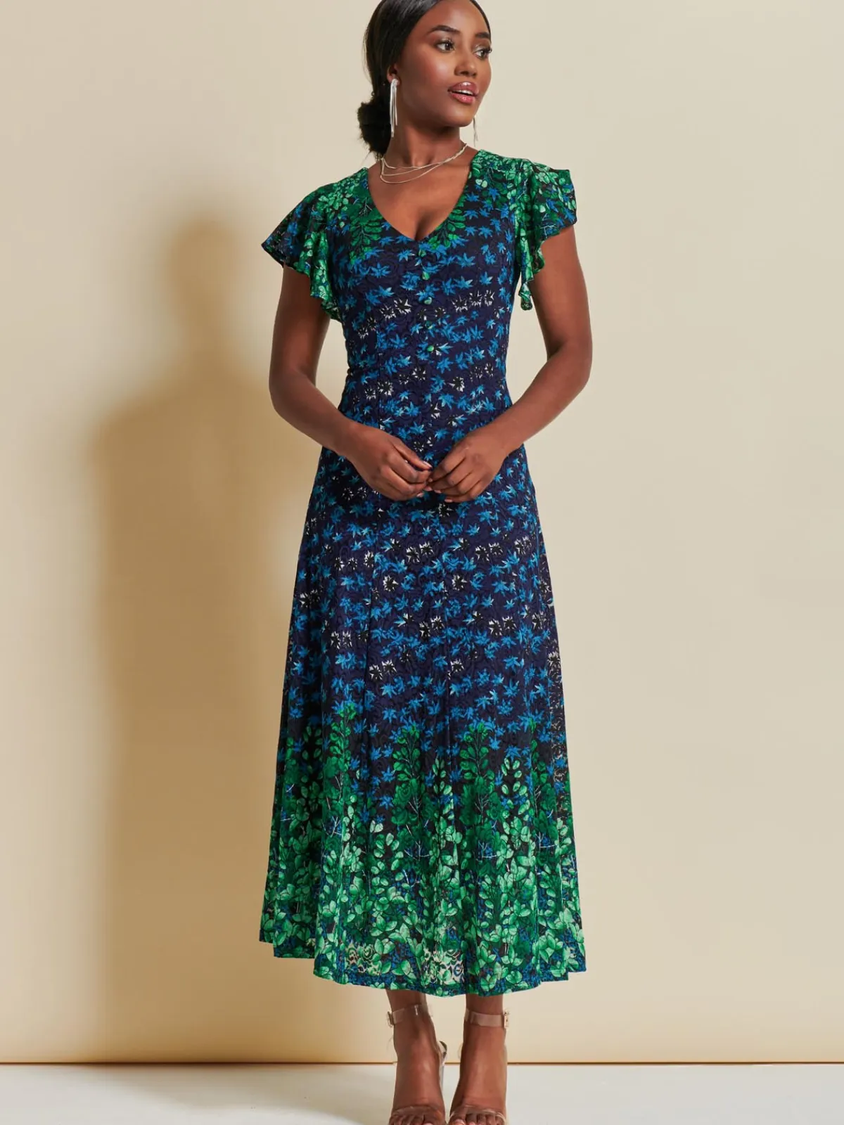 Jolie Moi Occasion Dresses|Signature Lace-Mirrored Print Lace Maxi Dress, Green Multi