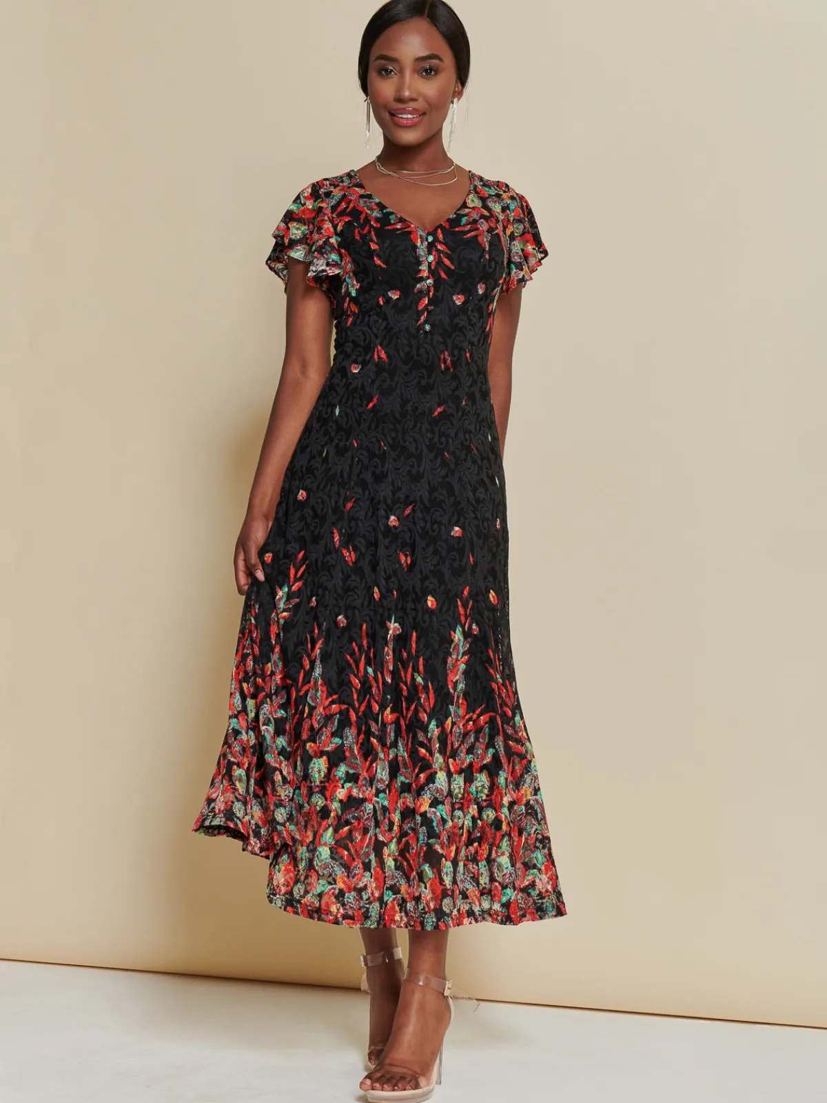 Jolie Moi Occasion Dresses|Floral Dresses-Mirrored Print Lace Maxi Dress, Red Multi