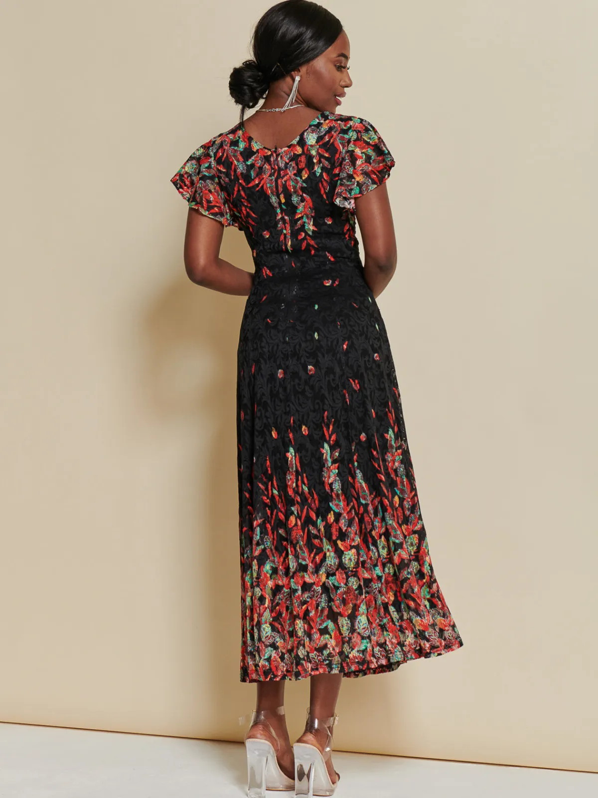 Jolie Moi Occasion Dresses|Floral Dresses-Mirrored Print Lace Maxi Dress, Red Multi