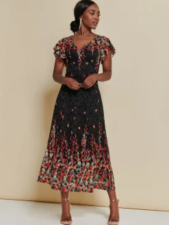 Jolie Moi Occasion Dresses|Floral Dresses-Mirrored Print Lace Maxi Dress, Red Multi