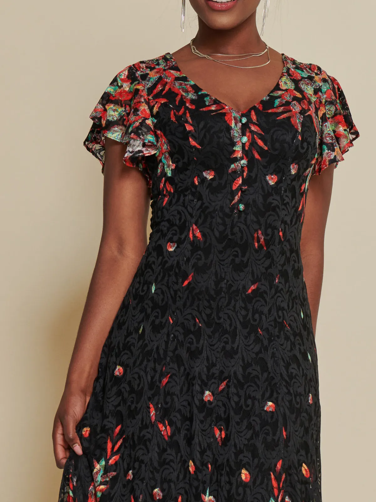 Jolie Moi Occasion Dresses|Floral Dresses-Mirrored Print Lace Maxi Dress, Red Multi