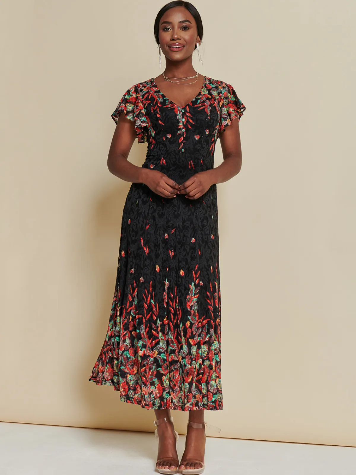 Jolie Moi Occasion Dresses|Floral Dresses-Mirrored Print Lace Maxi Dress, Red Multi