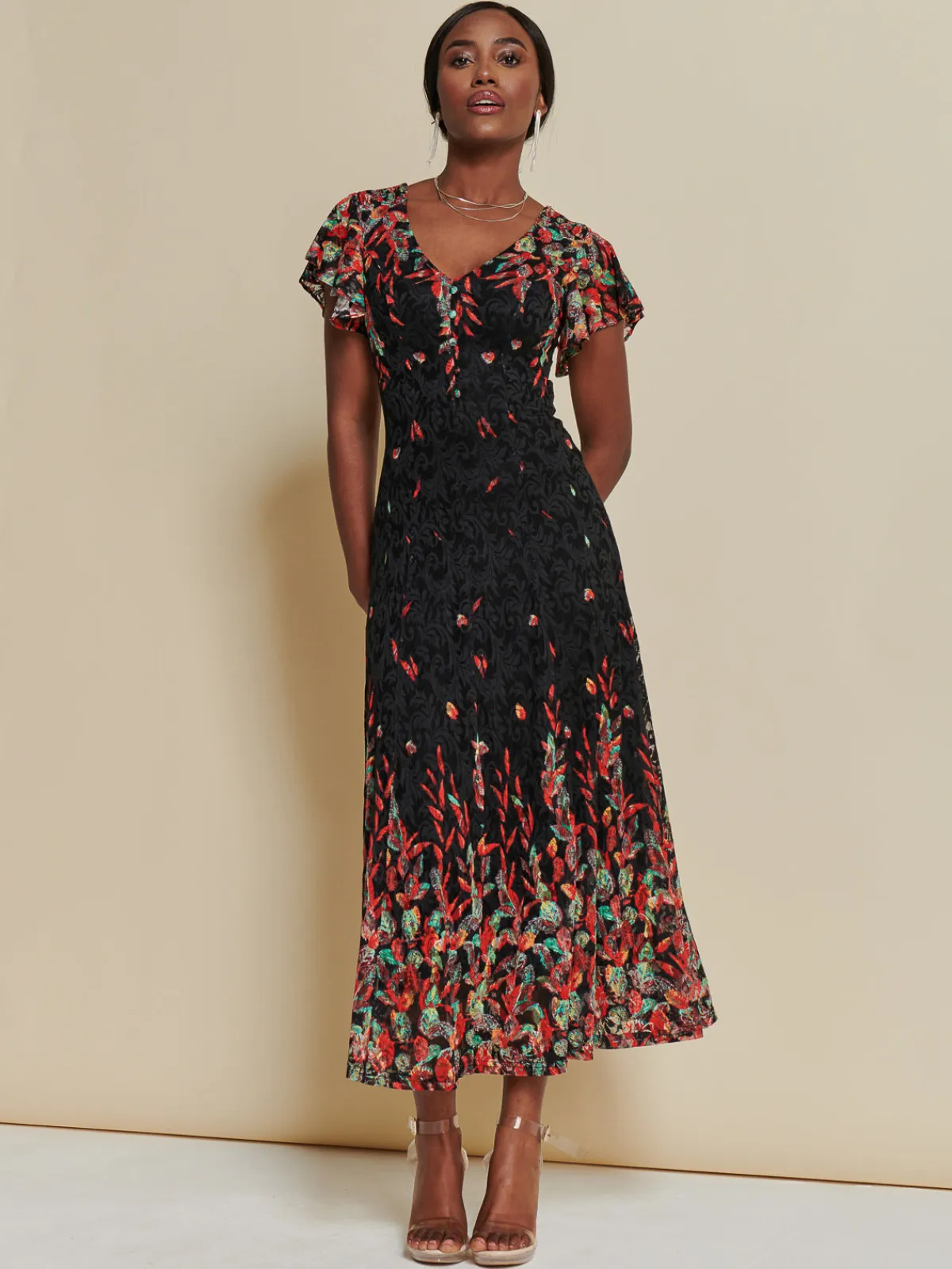 Jolie Moi Occasion Dresses|Floral Dresses-Mirrored Print Lace Maxi Dress, Red Multi