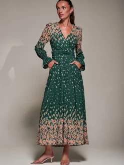 Jolie Moi Occasion Dresses|Floral Dresses-Mirrored Print Long Sleeve Mesh Maxi Dress, Green Floral