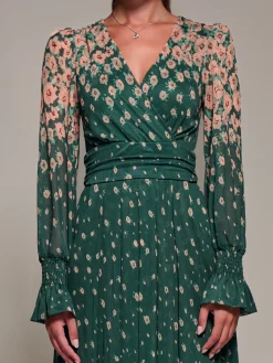 Jolie Moi Occasion Dresses|Floral Dresses-Mirrored Print Long Sleeve Mesh Maxi Dress, Green Floral