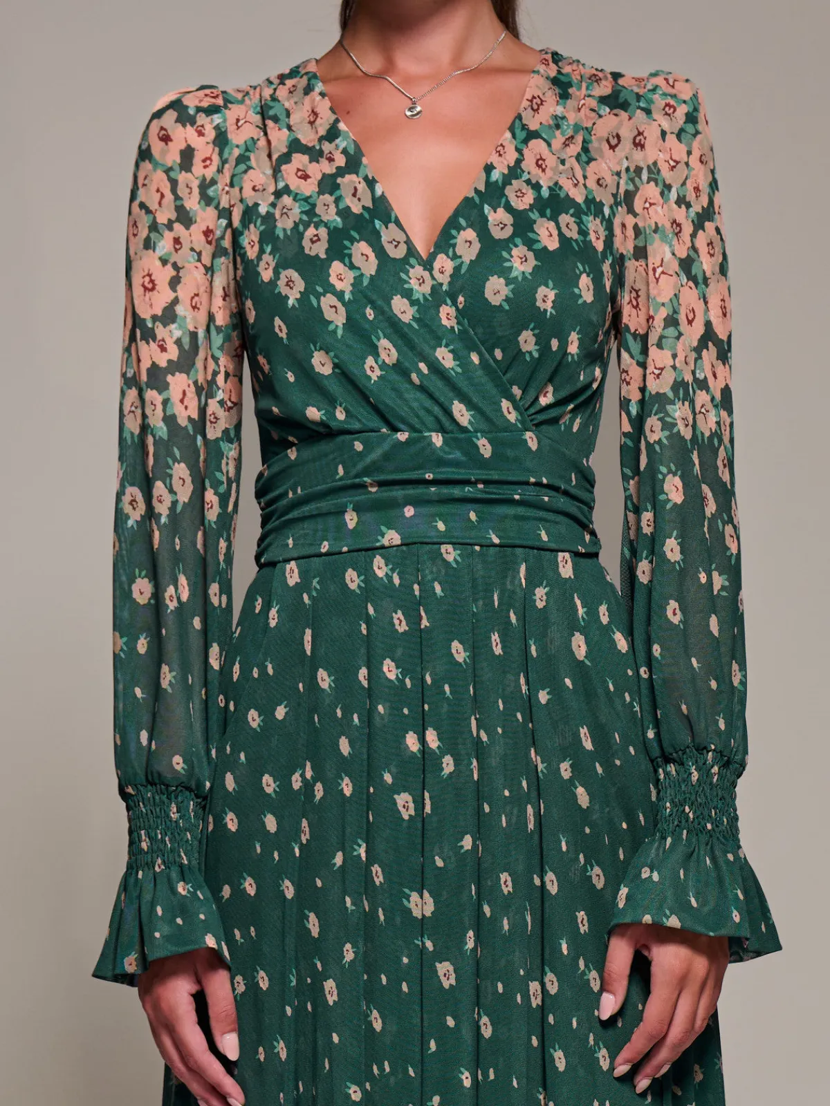 Jolie Moi Occasion Dresses|Floral Dresses-Mirrored Print Long Sleeve Mesh Maxi Dress, Green Floral