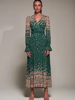 Jolie Moi Occasion Dresses|Floral Dresses-Mirrored Print Long Sleeve Mesh Maxi Dress, Green Floral