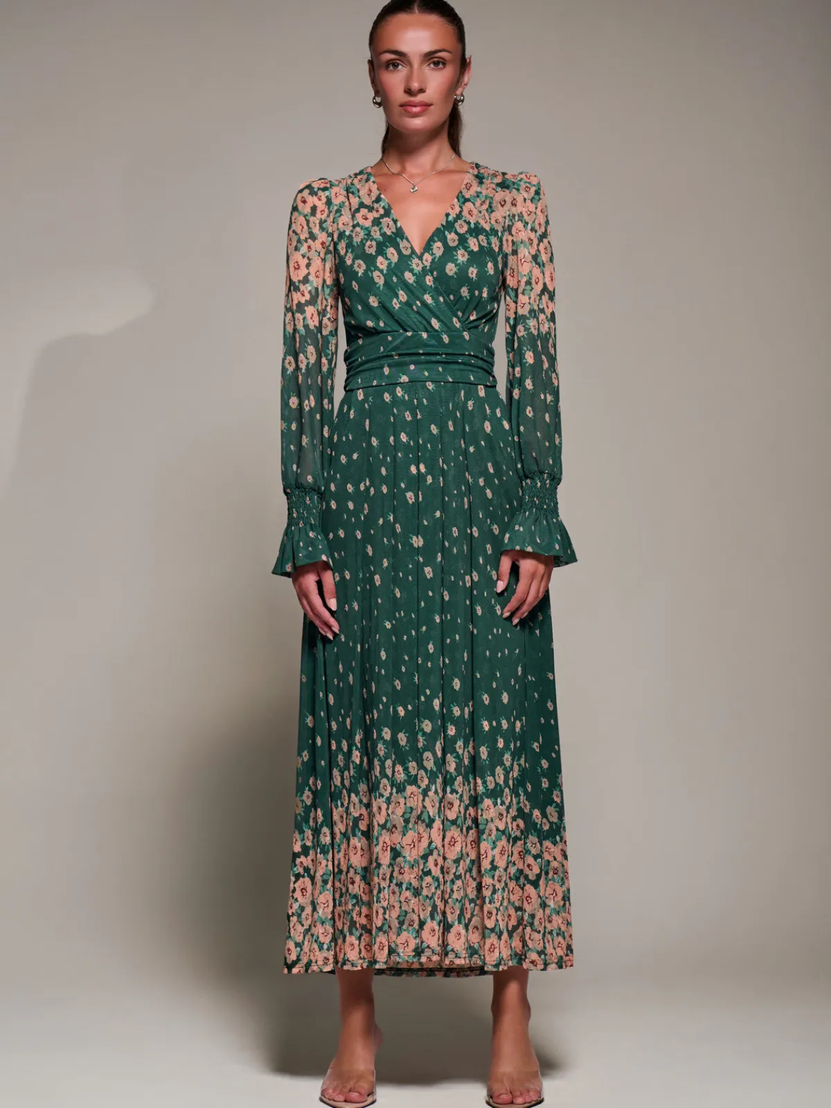 Jolie Moi Occasion Dresses|Floral Dresses-Mirrored Print Long Sleeve Mesh Maxi Dress, Green Floral