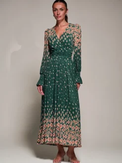 Jolie Moi Occasion Dresses|Floral Dresses-Mirrored Print Long Sleeve Mesh Maxi Dress, Green Floral
