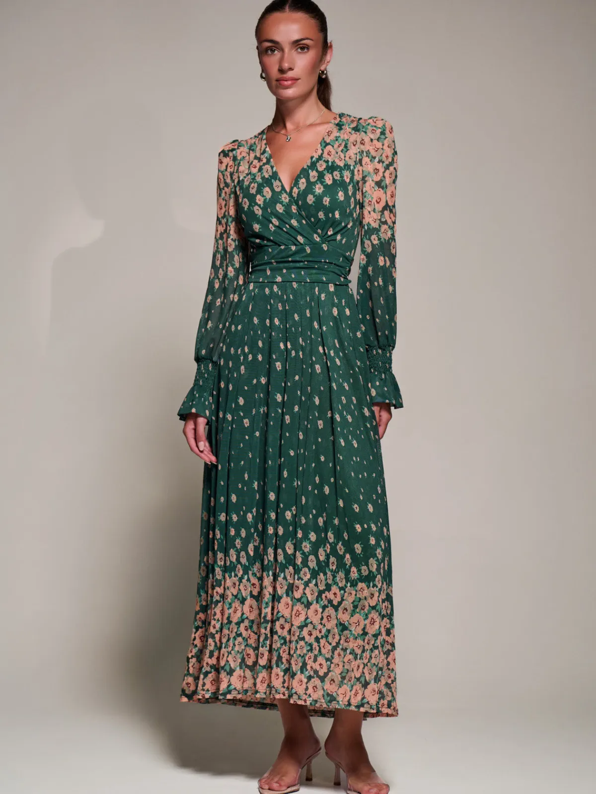 Jolie Moi Occasion Dresses|Floral Dresses-Mirrored Print Long Sleeve Mesh Maxi Dress, Green Floral