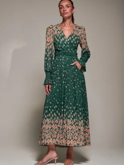 Jolie Moi Occasion Dresses|Floral Dresses-Mirrored Print Long Sleeve Mesh Maxi Dress, Green Floral