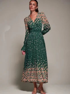 Jolie Moi Occasion Dresses|Floral Dresses-Mirrored Print Long Sleeve Mesh Maxi Dress, Green Floral