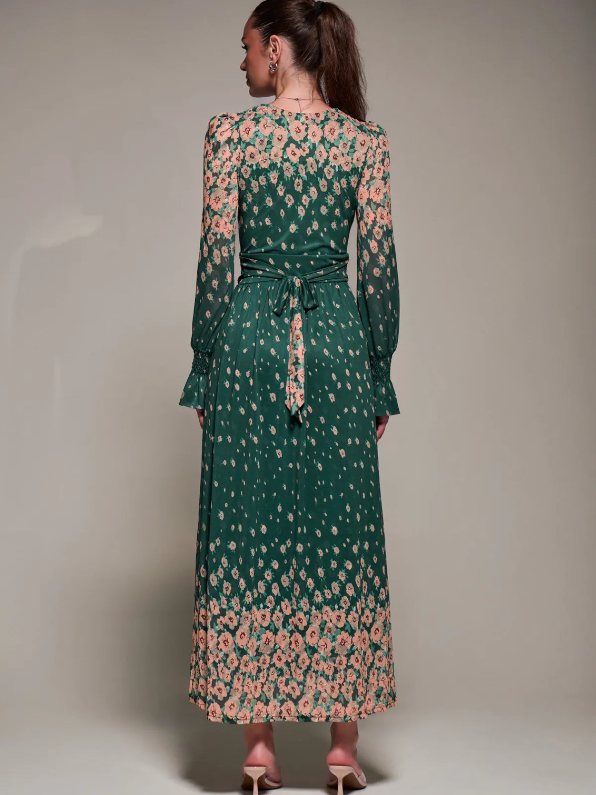 Jolie Moi Occasion Dresses|Floral Dresses-Mirrored Print Long Sleeve Mesh Maxi Dress, Green Floral