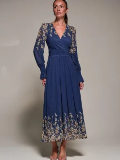 Jolie Moi Occasion Dresses|Floral Dresses-Mirrored Print Long Sleeve Mesh Maxi Dress, Navy Floral