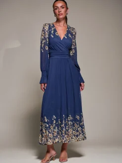 Jolie Moi Occasion Dresses|Floral Dresses-Mirrored Print Long Sleeve Mesh Maxi Dress, Navy Floral