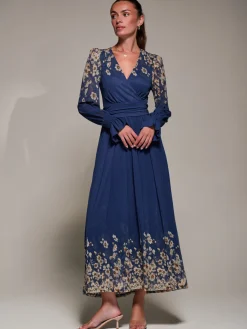 Jolie Moi Occasion Dresses|Floral Dresses-Mirrored Print Long Sleeve Mesh Maxi Dress, Navy Floral