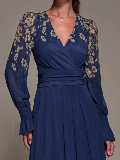 Jolie Moi Occasion Dresses|Floral Dresses-Mirrored Print Long Sleeve Mesh Maxi Dress, Navy Floral