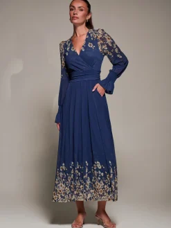 Jolie Moi Occasion Dresses|Floral Dresses-Mirrored Print Long Sleeve Mesh Maxi Dress, Navy Floral