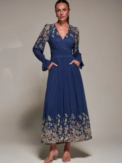 Jolie Moi Occasion Dresses|Floral Dresses-Mirrored Print Long Sleeve Mesh Maxi Dress, Navy Floral
