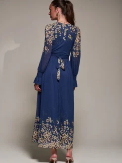 Jolie Moi Occasion Dresses|Floral Dresses-Mirrored Print Long Sleeve Mesh Maxi Dress, Navy Floral