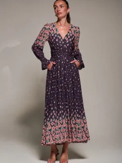 Jolie Moi Occasion Dresses|Floral Dresses-Mirrored Print Long Sleeve Mesh Maxi Dress, Purple Floral