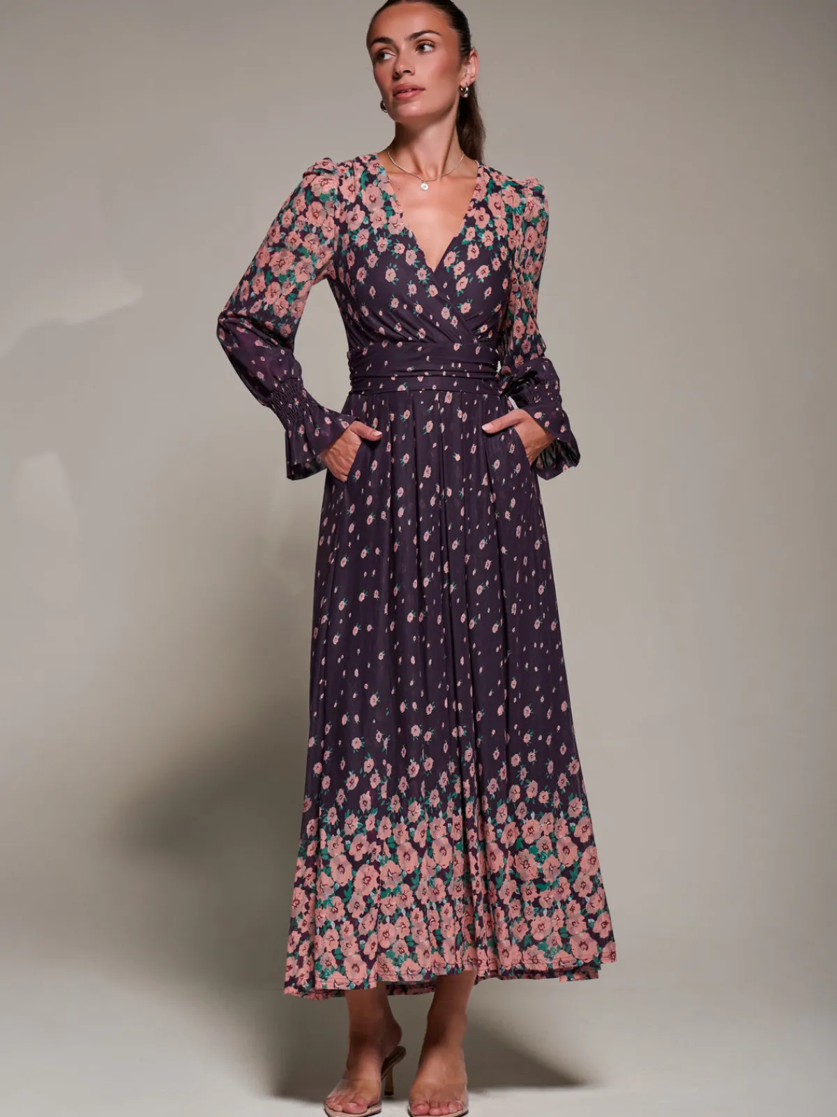 Jolie Moi Occasion Dresses|Floral Dresses-Mirrored Print Long Sleeve Mesh Maxi Dress, Purple Floral