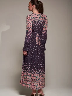 Jolie Moi Occasion Dresses|Floral Dresses-Mirrored Print Long Sleeve Mesh Maxi Dress, Purple Floral
