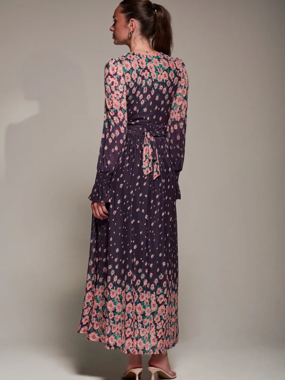 Jolie Moi Occasion Dresses|Floral Dresses-Mirrored Print Long Sleeve Mesh Maxi Dress, Purple Floral