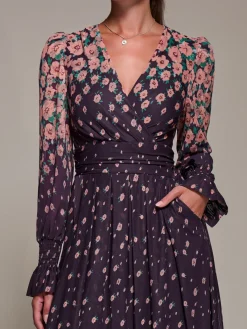 Jolie Moi Occasion Dresses|Floral Dresses-Mirrored Print Long Sleeve Mesh Maxi Dress, Purple Floral