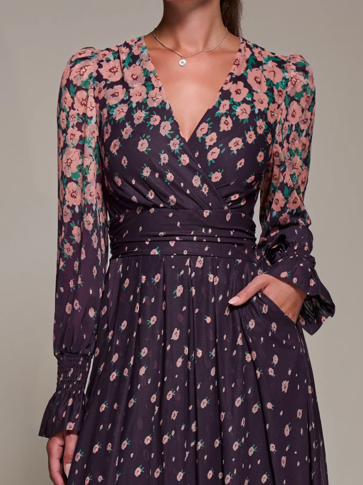 Jolie Moi Occasion Dresses|Floral Dresses-Mirrored Print Long Sleeve Mesh Maxi Dress, Purple Floral