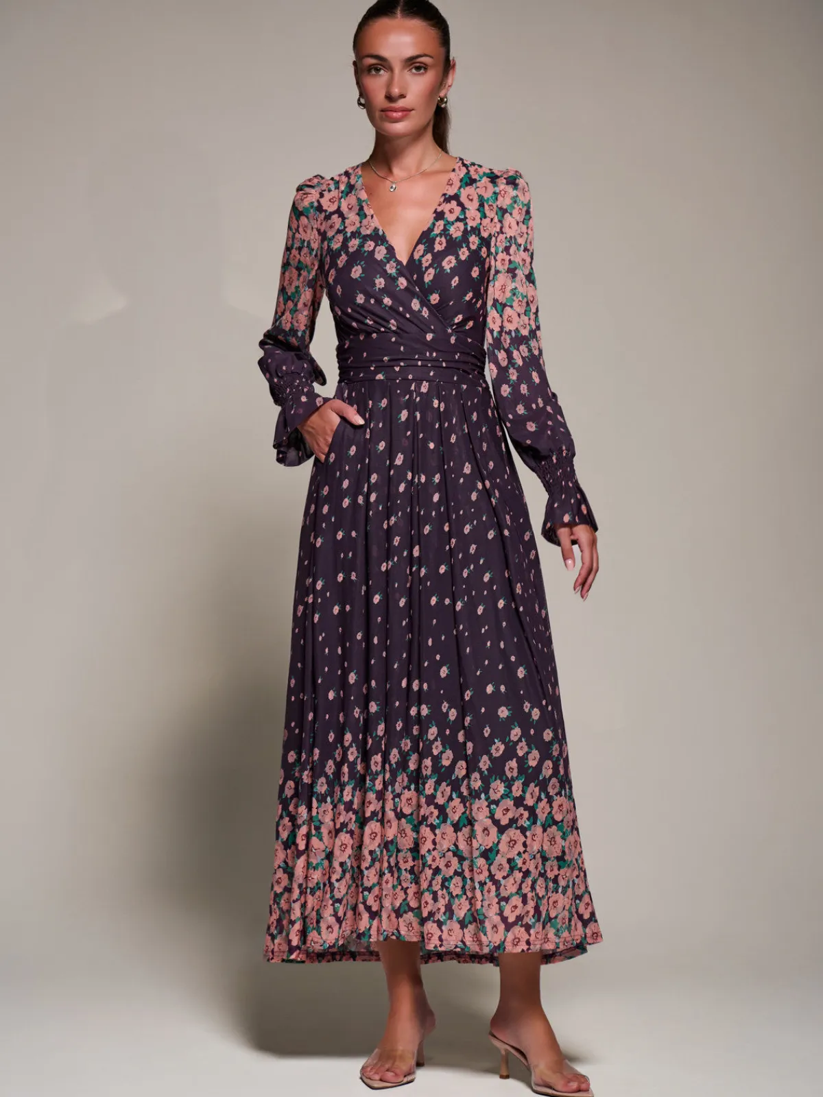 Jolie Moi Occasion Dresses|Floral Dresses-Mirrored Print Long Sleeve Mesh Maxi Dress, Purple Floral