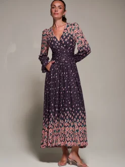 Jolie Moi Occasion Dresses|Floral Dresses-Mirrored Print Long Sleeve Mesh Maxi Dress, Purple Floral