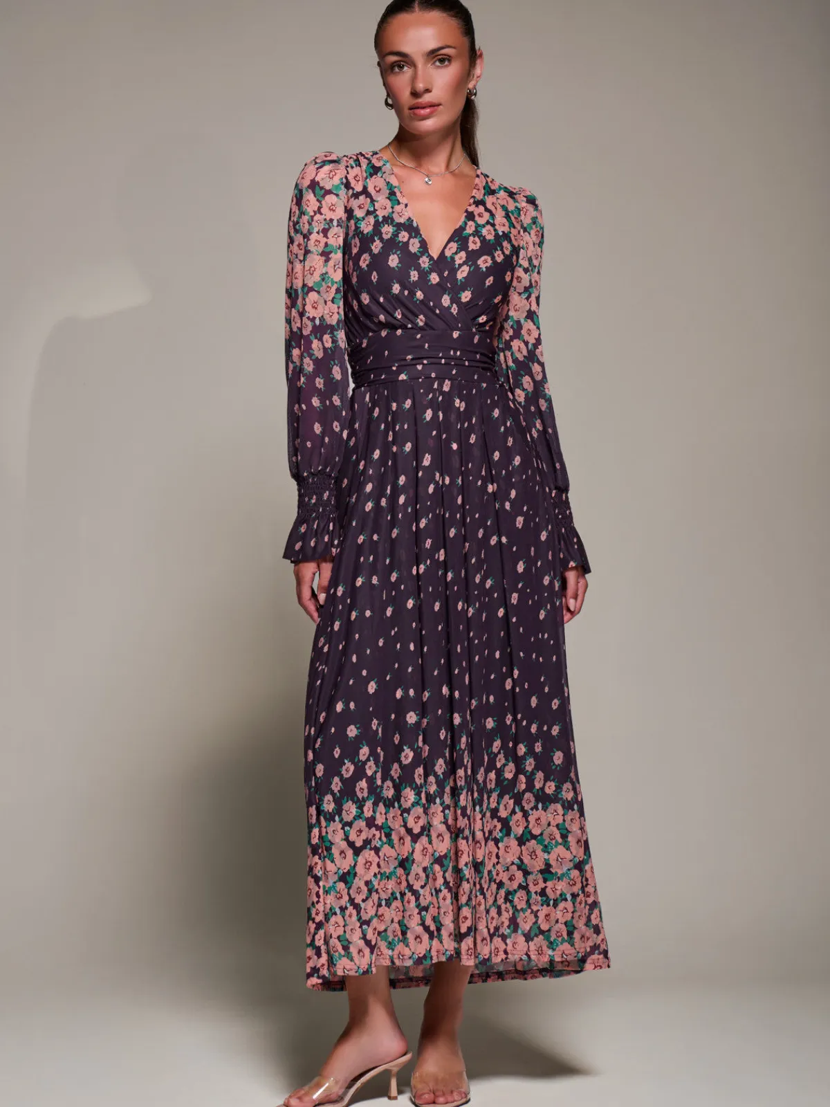 Jolie Moi Occasion Dresses|Floral Dresses-Mirrored Print Long Sleeve Mesh Maxi Dress, Purple Floral