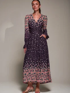 Jolie Moi Occasion Dresses|Floral Dresses-Mirrored Print Long Sleeve Mesh Maxi Dress, Purple Floral