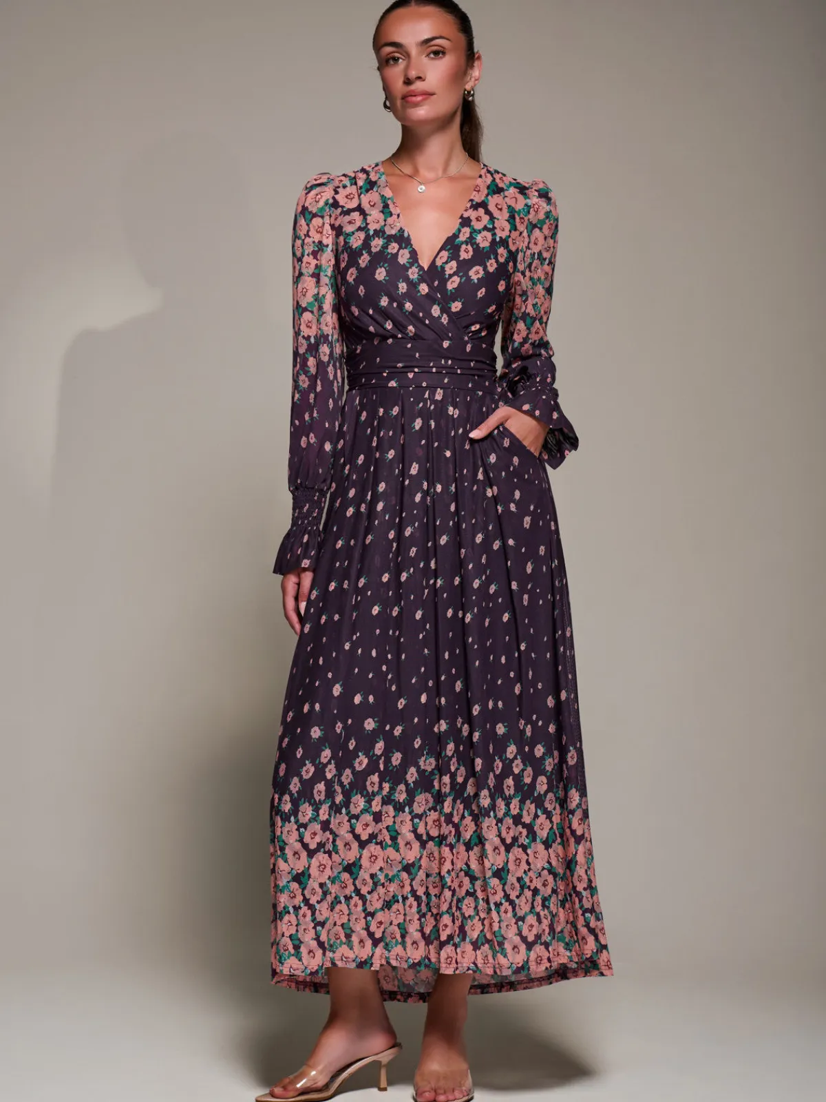 Jolie Moi Occasion Dresses|Floral Dresses-Mirrored Print Long Sleeve Mesh Maxi Dress, Purple Floral