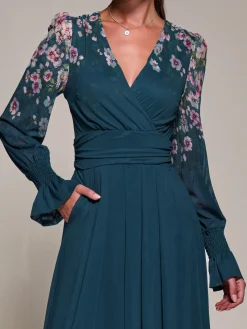 Jolie Moi Occasion Dresses|Floral Dresses-Mirrored Print Long Sleeve Mesh Maxi Dress, Teal Floral