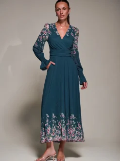 Jolie Moi Occasion Dresses|Floral Dresses-Mirrored Print Long Sleeve Mesh Maxi Dress, Teal Floral