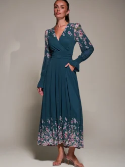 Jolie Moi Occasion Dresses|Floral Dresses-Mirrored Print Long Sleeve Mesh Maxi Dress, Teal Floral