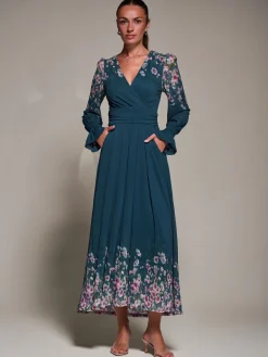 Jolie Moi Occasion Dresses|Floral Dresses-Mirrored Print Long Sleeve Mesh Maxi Dress, Teal Floral