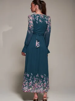 Jolie Moi Occasion Dresses|Floral Dresses-Mirrored Print Long Sleeve Mesh Maxi Dress, Teal Floral