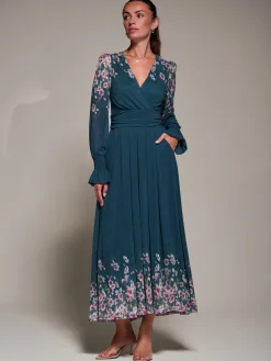 Jolie Moi Occasion Dresses|Floral Dresses-Mirrored Print Long Sleeve Mesh Maxi Dress, Teal Floral