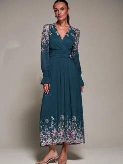 Jolie Moi Occasion Dresses|Floral Dresses-Mirrored Print Long Sleeve Mesh Maxi Dress, Teal Floral