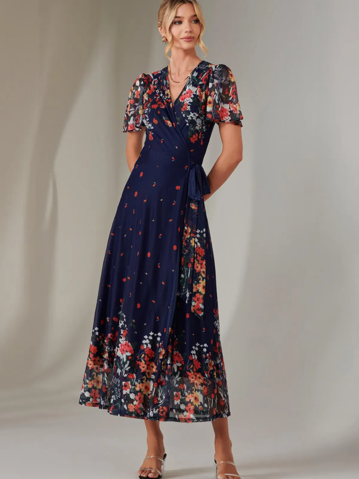 Jolie Moi Occasion Dresses|Floral Dresses-Mirror Print Mesh Wrap Maxi Dress, Floral Multi