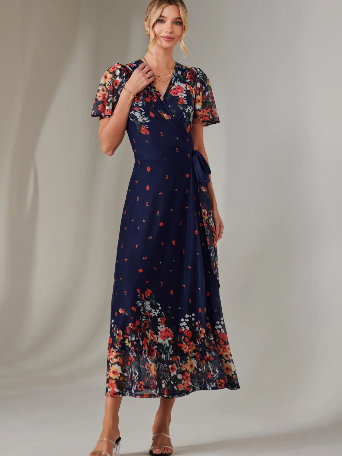 Jolie Moi Occasion Dresses|Floral Dresses-Mirror Print Mesh Wrap Maxi Dress, Floral Multi