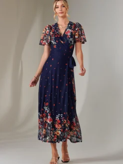 Jolie Moi Occasion Dresses|Floral Dresses-Mirror Print Mesh Wrap Maxi Dress, Floral Multi