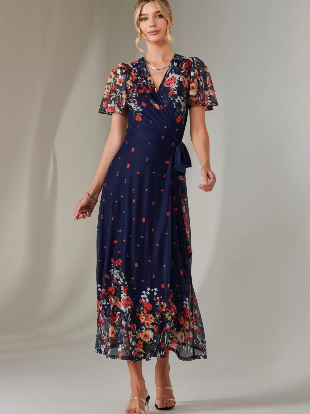 Jolie Moi Occasion Dresses|Floral Dresses-Mirror Print Mesh Wrap Maxi Dress, Floral Multi